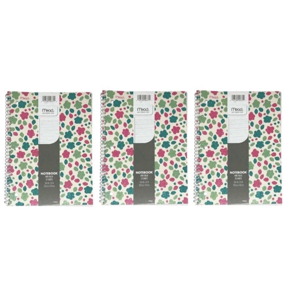 3x Mead Glitter Glam Sparkle Wide Ruled Spiral Notebook 70 Sheets Each